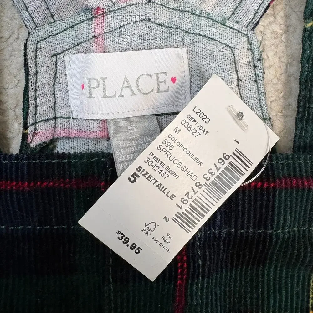 NWT The Children’s Place Button-Down Green Plaid Corduroy Skirtall Dress Size 5